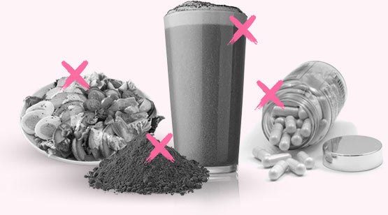 A plate of pills, a protein shake and a bottle of capsules, each crossed out with a pink X